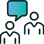 Two simplified human figures with a speech bubble above them, representing communication or conversation during a meeting or incentive program.