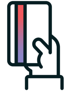 Outline of a hand holding a credit card vertically, with a gradient stripe in red and purple on the left side—perfect for meeting or travel incentive program visuals.