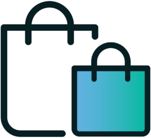 Two shopping bag icons, one larger and dark-colored, the other smaller with a gradient blue-green color, stand side by side on a transparent background—perfect for travel or incentive program themes.