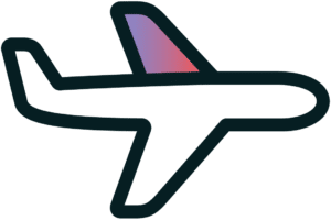 Outline illustration of an airplane with a gradient purple and pink color on its tail fin, viewed from the side—perfect for representing a meeting or exciting new destination.