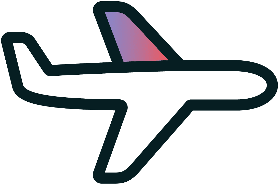 Outline illustration of an airplane with a gradient purple and pink color on its tail fin, viewed from the side—perfect for representing a meeting or exciting new destination.