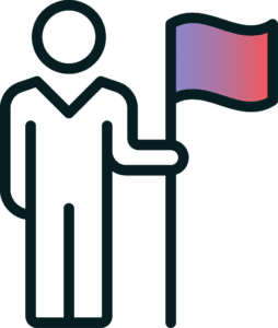 Simple line drawing of a person standing and holding a flag with a gradient from purple to red, symbolizing reaching a destination or incentive.
