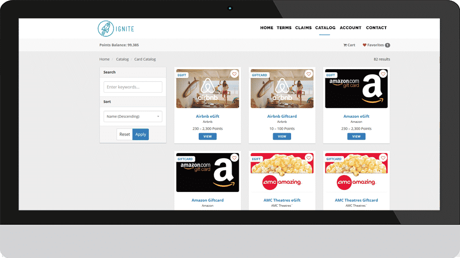 Screenshot of Ignite catalog page where different types of eGift cards can be selected