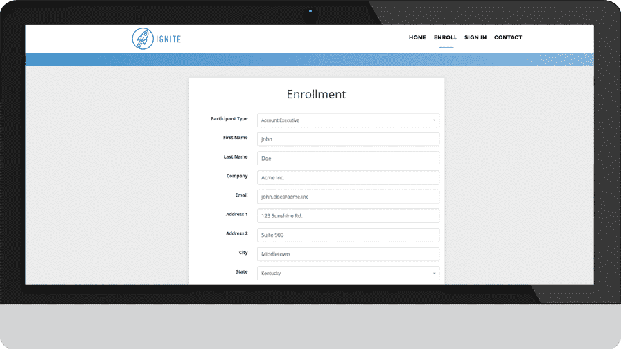 Screenshot of Ignite enrollment page with a form to enroll