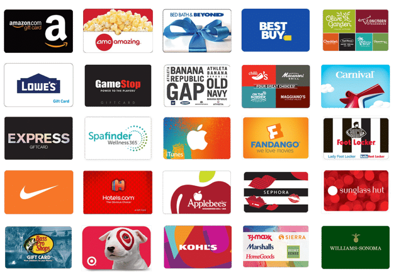 A grid of various popular retail and restaurant gift cards, perfect for any incentive program, including Amazon, Best Buy, Olive Garden, AMC, Lowe’s, and more—all displayed on a vibrant green background.