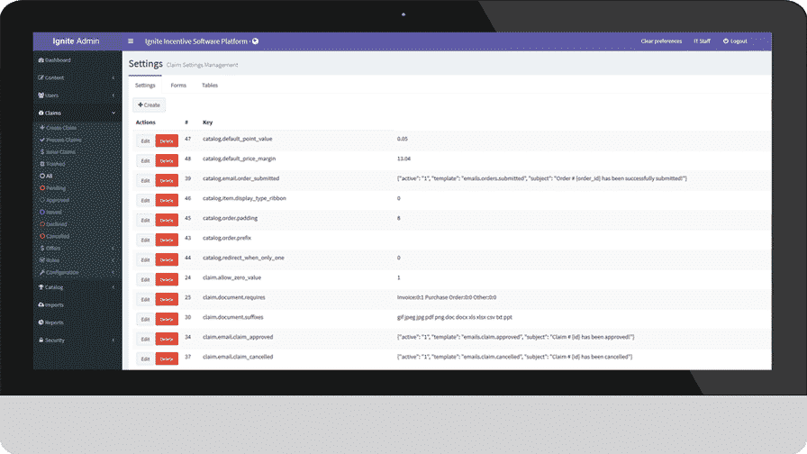 Screenshot of Ignite settings page