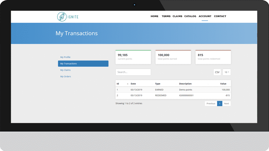 Screenshot of Ignite transactions page showing current number of points, total points earned, and total points redeemed