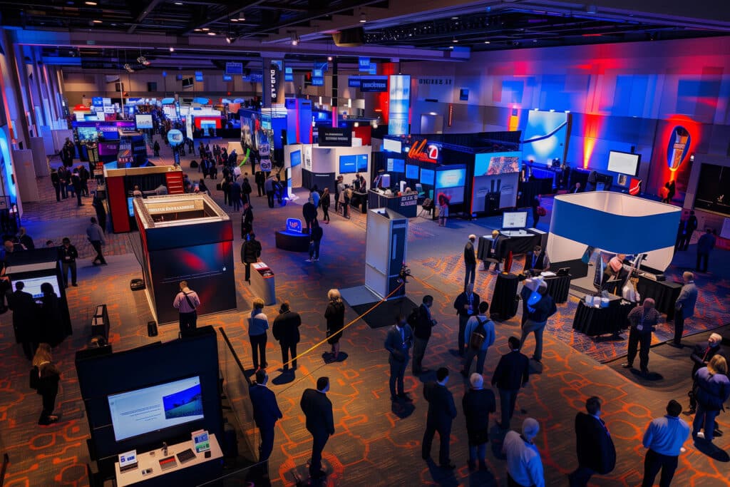 Exhibit hall filled with people going from booth to booth to talk with exhibitors