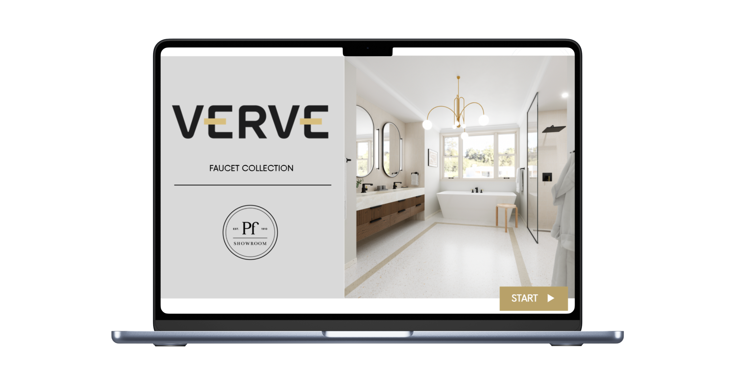A laptop screen displays a VERVE Faucet Collection webpage featuring a bathroom interior, a gold START button, and highlights of the exclusive showroom loyalty program.