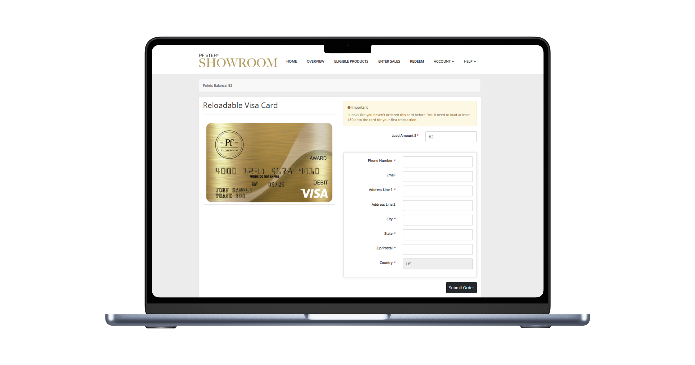 A laptop screen displays an online form for redeeming a Reloadable Visa Card through a showroom loyalty program, showing entry fields for personal and address details.