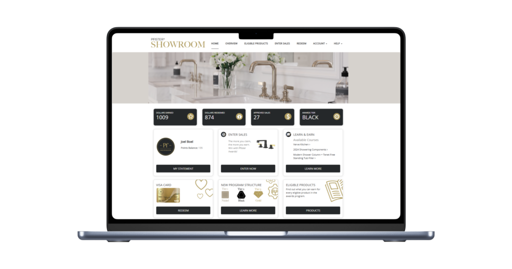 A laptop displays a showroom loyalty program dashboard featuring user points, rewards, statistics, and options for redeeming and managing rewards.