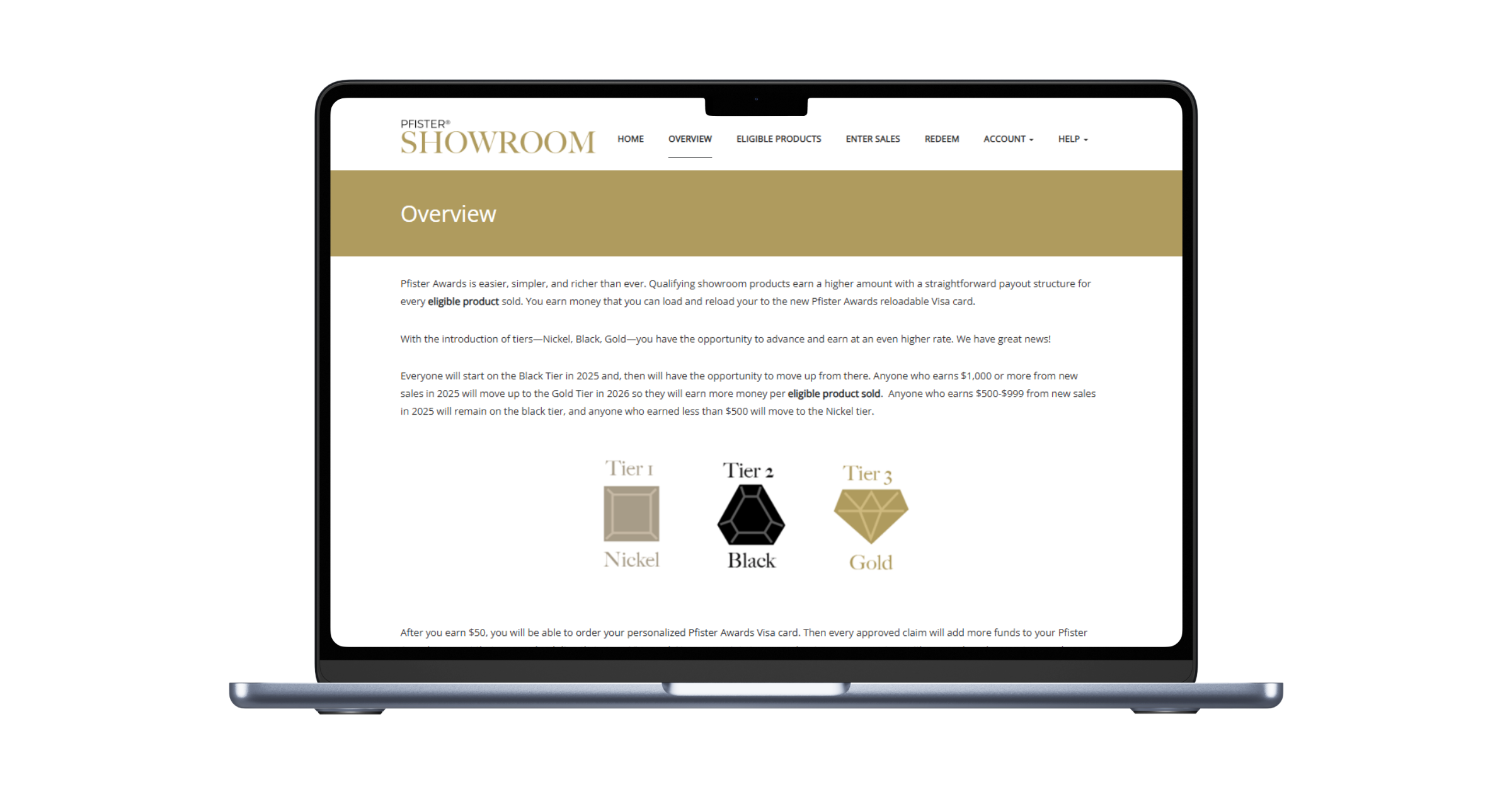 A laptop displays the Pfister Showroom websites overview page, detailing showroom loyalty program award tiers: Tier 1 Nickel, Tier 2 Black, and Tier 3 Gold.