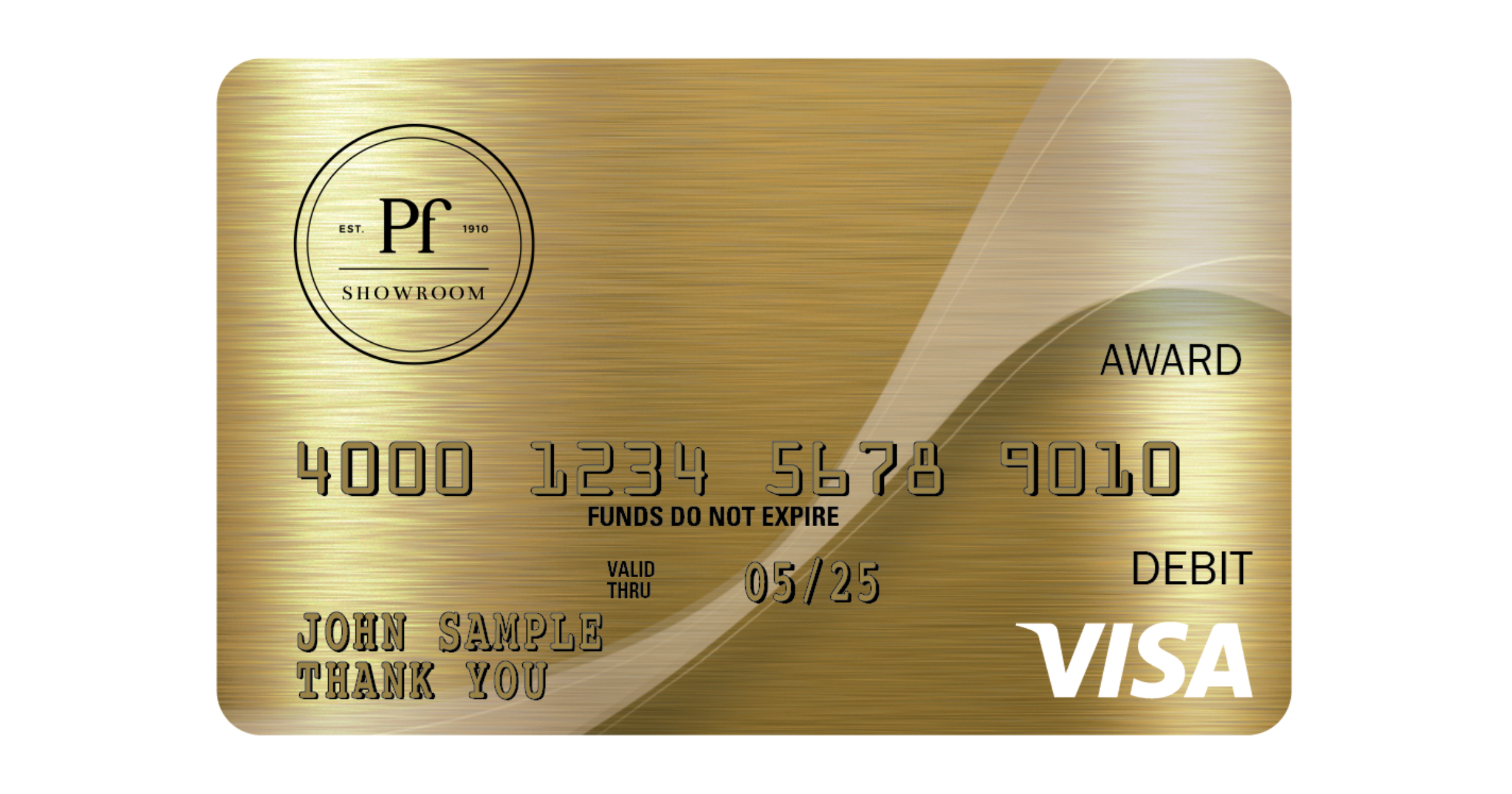 A gold Visa debit card labeled SHOWROOM AWARD, featuring the card number, holder name John Sample, and an expiry date of 05/25—an exclusive benefit of the showroom loyalty program.